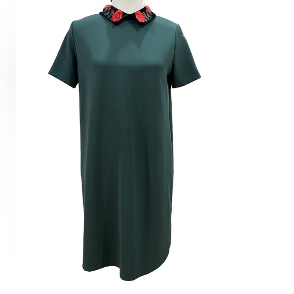Zara Trafaluc Embroidered Peter Pan collar short sleeve green dress Sz M - Picture 1 of 11